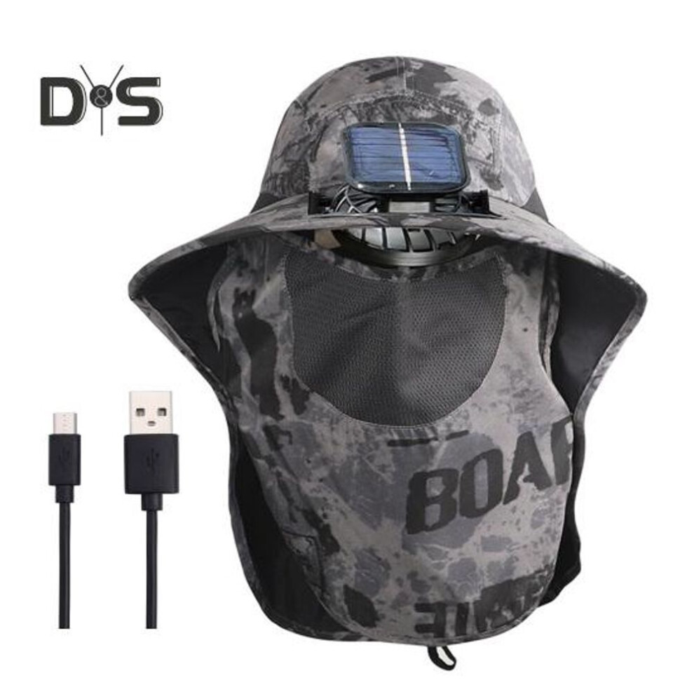(grey,green) Men's Sun Hat Outdoor Hiking Sun Protection Cap with Solar And USB Powered Fan Wide Brim Fishing Hat with Neck Flap for Men Women