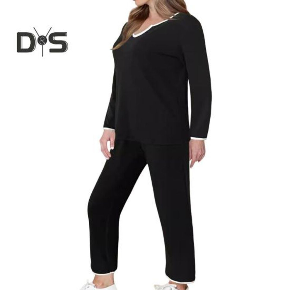 (black, M) 2 Pcs/set Women Top Pants Set V Neck Long Sleeves Sweatshirt Elastic Waist Wide Leg Sweatpants Sport Outfit Autumn Casual Tracksuit