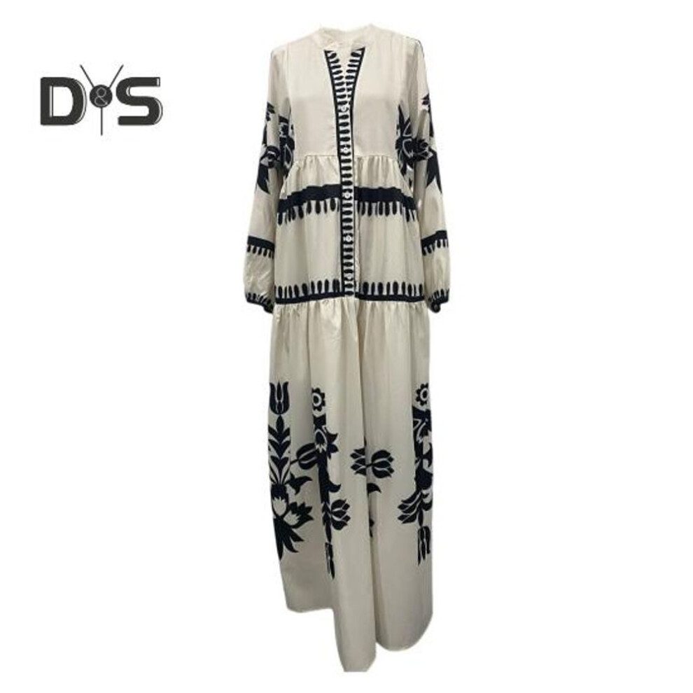(white, S) Lady Spring Maxi Dress V Neck Retro Contrast Color Printed Long Sleeves Loose Single-breasted A-line Patchwork Casual Daily Dress