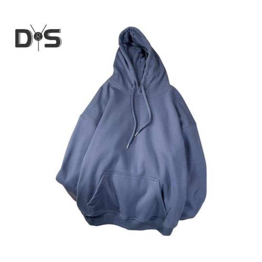 (blue, L) Fall Winter Men Baseball Hoodie Loose Pure Color Drawstring Big Pocket Pullover Hooded Elastic Cuff Mid Length Casual Daily Wear Top