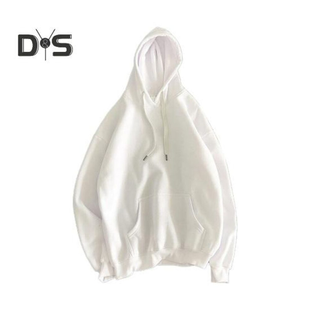(white, 2XL) Fall Winter Men Baseball Hoodie Loose Pure Color Drawstring Big Pocket Pullover Hooded Elastic Cuff Mid Length Casual Daily Wear Top