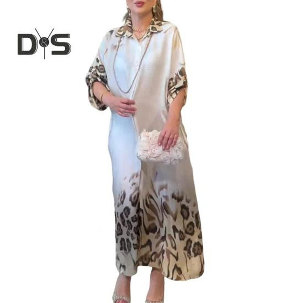 (white, XL) Lady Spring Maxi Dress Lapel Leopard Print Long Sleeves With Cufflink Loose Single-breasted Vintage High Waist Casual Daily Dress