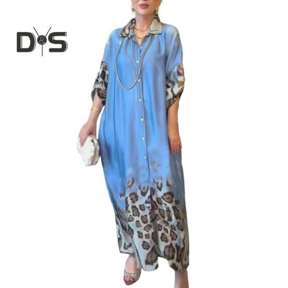 (blue, M) Lady Spring Maxi Dress Lapel Leopard Print Long Sleeves With Cufflink Loose Single-breasted Vintage High Waist Casual Daily Dress