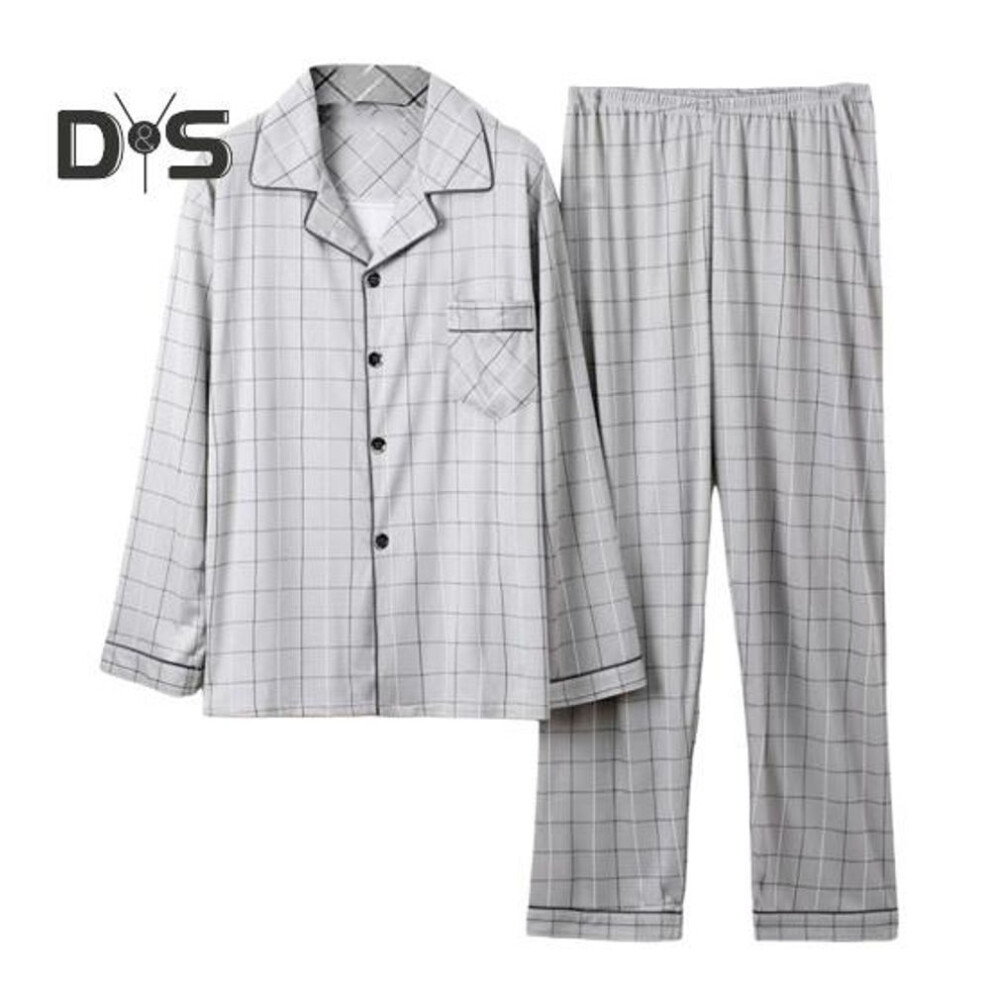 (XXL, light grey) 2pcs/set Men Pajamas Set Plaid Print Lapel Long Sleeve Single Breasted Shirt Elastic Waist Long Pants Set Loose Fit Loungewear Suit