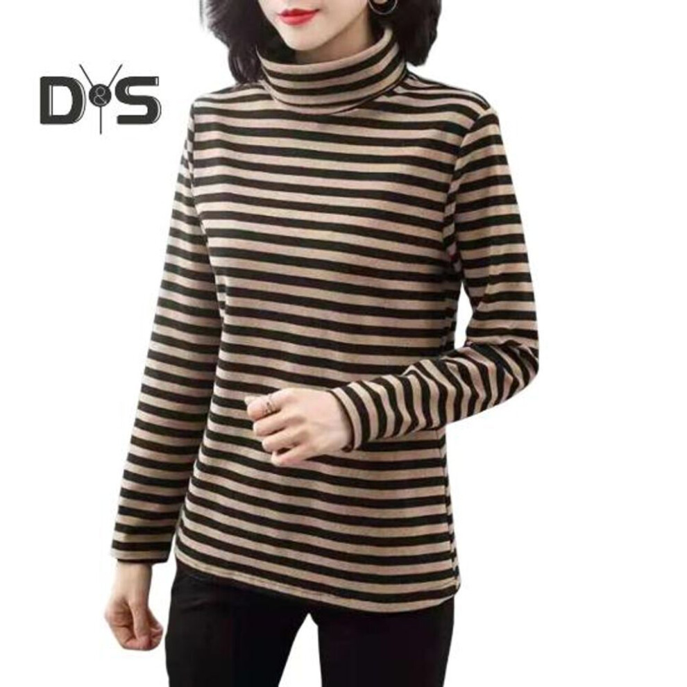 (3XL, khaki) Women Bottoming Tops High Collar Long Sleeve Thickened Velvet Lining Pullover Tops Striped Print Tee Tops