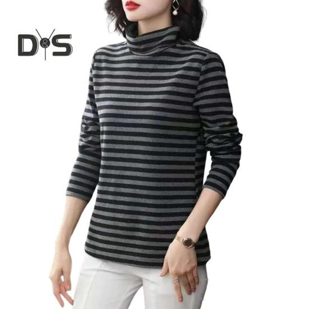 (M, black) Women Bottoming Tops High Collar Long Sleeve Thickened Velvet Lining Pullover Tops Striped Print Tee Tops