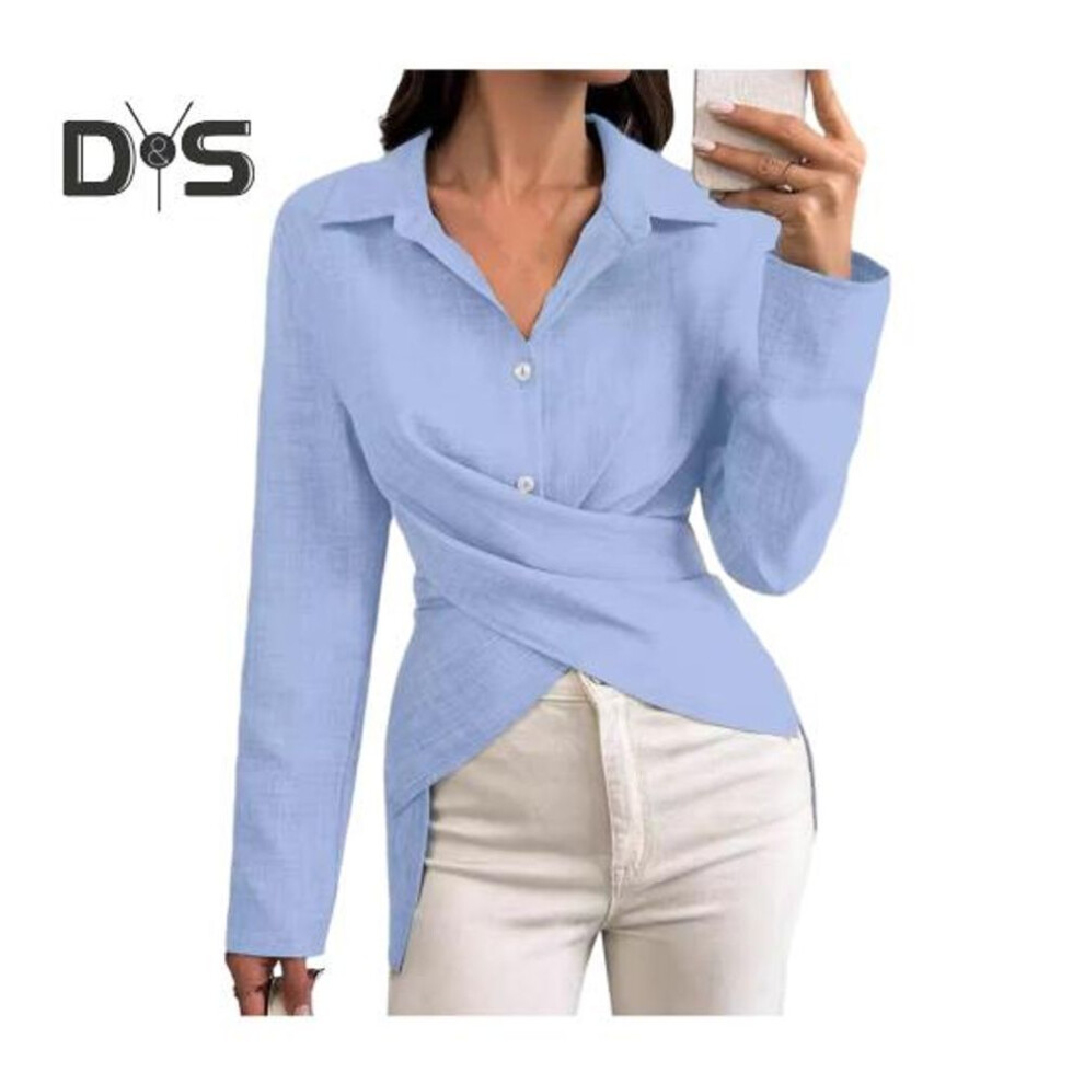 (XXL, blue) Women Shirt Lapel Long Sleeve Single Breasted Shirt Tops Solid Color Buttons Placket Autumn Shirt Daily Wear