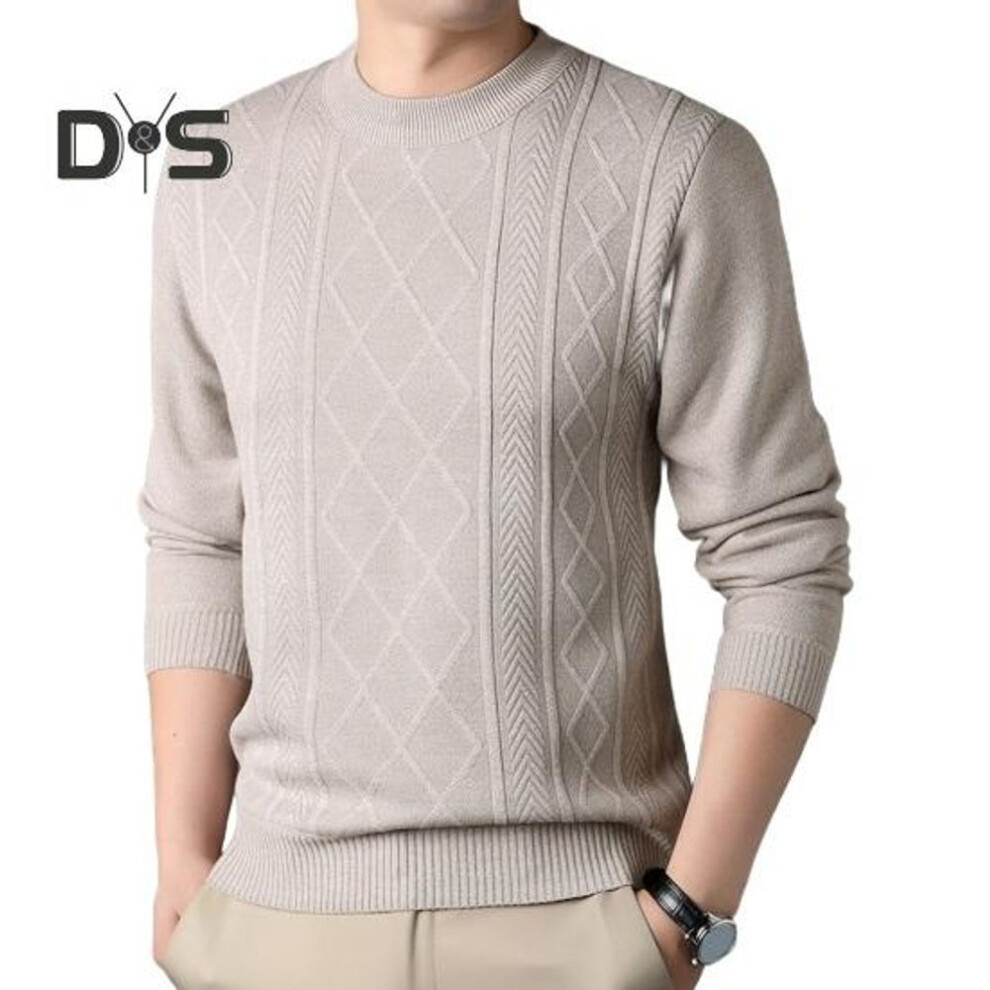 (L, beige) Fall Winter Sweater Round Neck Long Sleeves Solid Color Thick Stretchy Loose Knitted Warm Pullover Mid Length Daily Wear Top