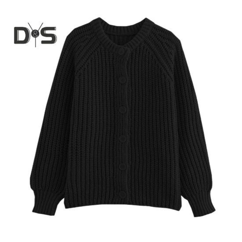 (S, black) Women Sweater Coat Round Neck Long Sleeve Solid Color Button Down Cardigan Sweater Thick Warm Knit Outwear