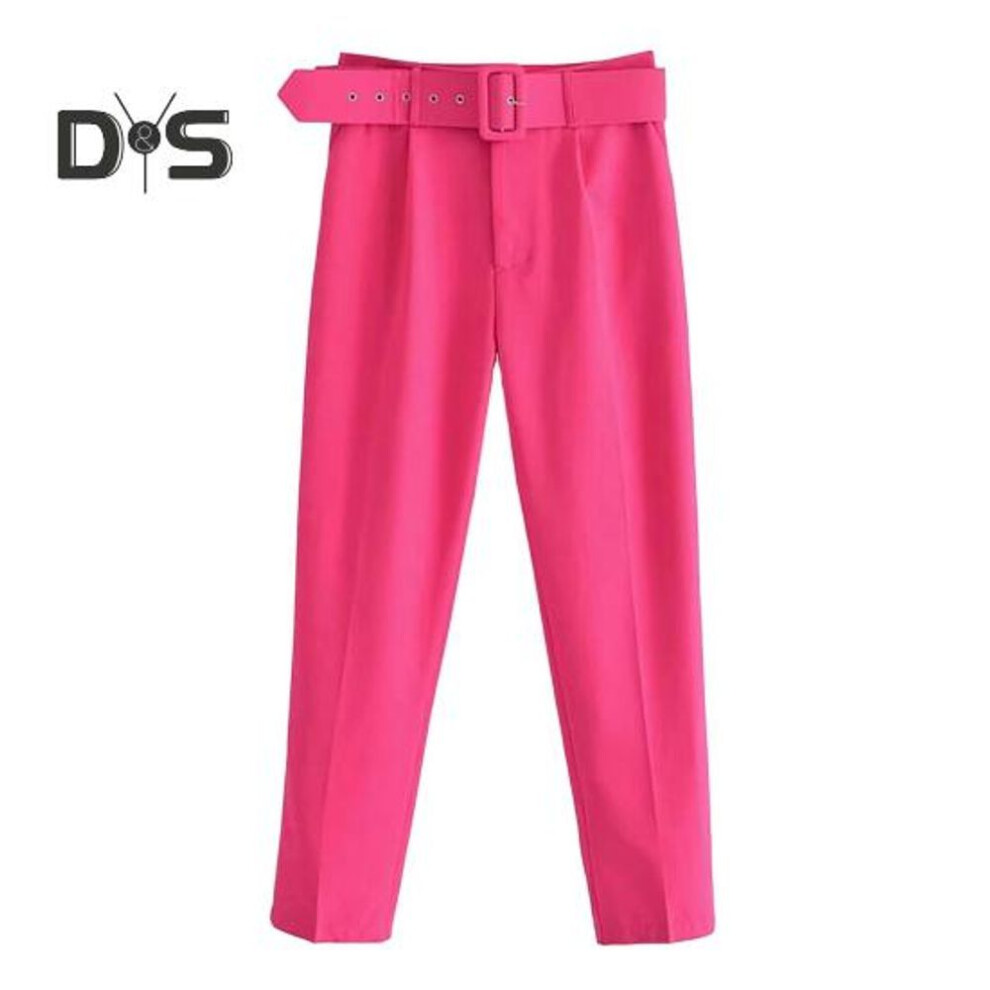 (rose red, M) Women Suit Pants High Waist Straight Leg Fit Long Trousers with Pockets Solid Color Casual Work Pants