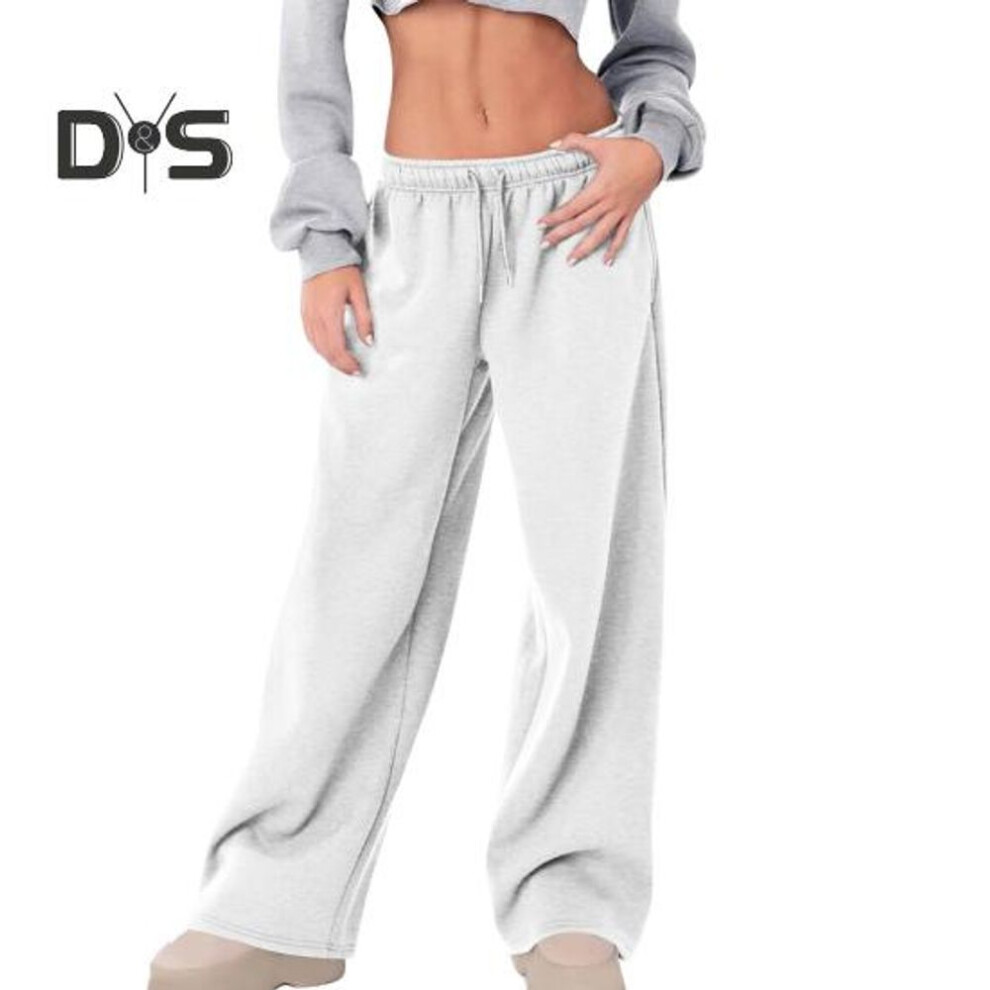 (white, S) Women Sport Pants Mid-rise Elastic Waist Adjustable Drawstring Long Trousers Solid Color Wide Leg Autumn Winter Velvet Lining Trousers