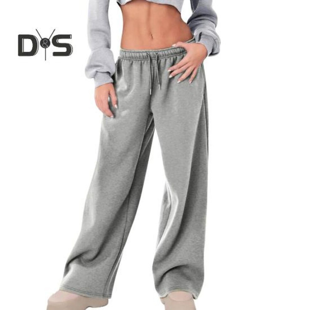 (light grey, 2XL) Women Sport Pants Mid-rise Elastic Waist Adjustable Drawstring Long Trousers Solid Color Wide Leg Autumn Winter Velvet Lining Trousers