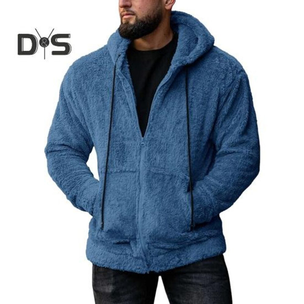 (blue, XXL) Winter Men Sweater Hooded Zip-up Long Sleeves Drawstring Thick Plush Solid Color Cardigan Pockets Mid Length Outdoor Thermal Coat