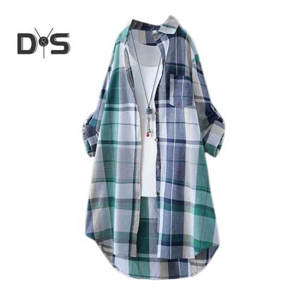 (XXXL, green) Women Shirt Lapel Long Sleeve Colorful Plaid Print Shirt with Pocket Loose Fit Mid-length Single-Breasted Shirt