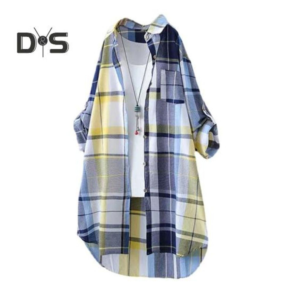 (XL, yellow) Women Shirt Lapel Long Sleeve Colorful Plaid Print Shirt With Pocket Loose Fit Mid-length Single-breasted Shirt