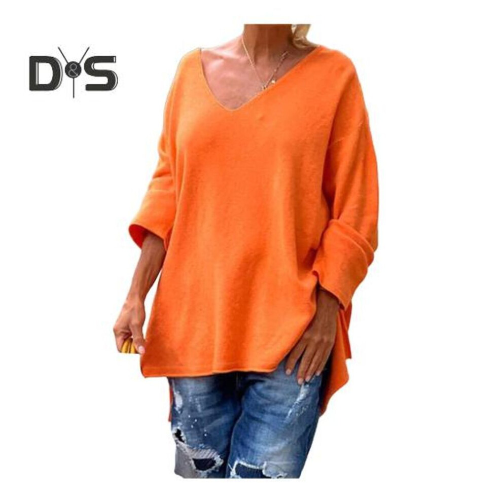 (XL, orange) Women Knitting Sweater V-Neck Long Sleeve Solid Color Pullover Sweater Side Slit Hem Loose Fit Casual Street Style Sweater