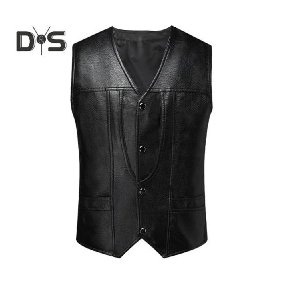 (XL, black) Men Faux Leather Waistcoat V-neck Sleeveless Slim Fit Single Breasted Vest Coat with Pockets Solid Color Vest Outwear