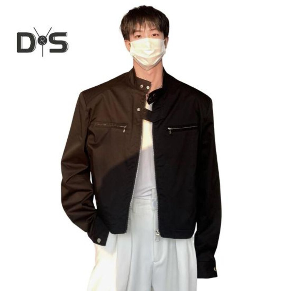 (black, XL) Men Jacket Coat Full Zipper Closure Solid Color Two Side Pockets Short Jacket Stand Collar Long Sleeve Jacket Streetwear