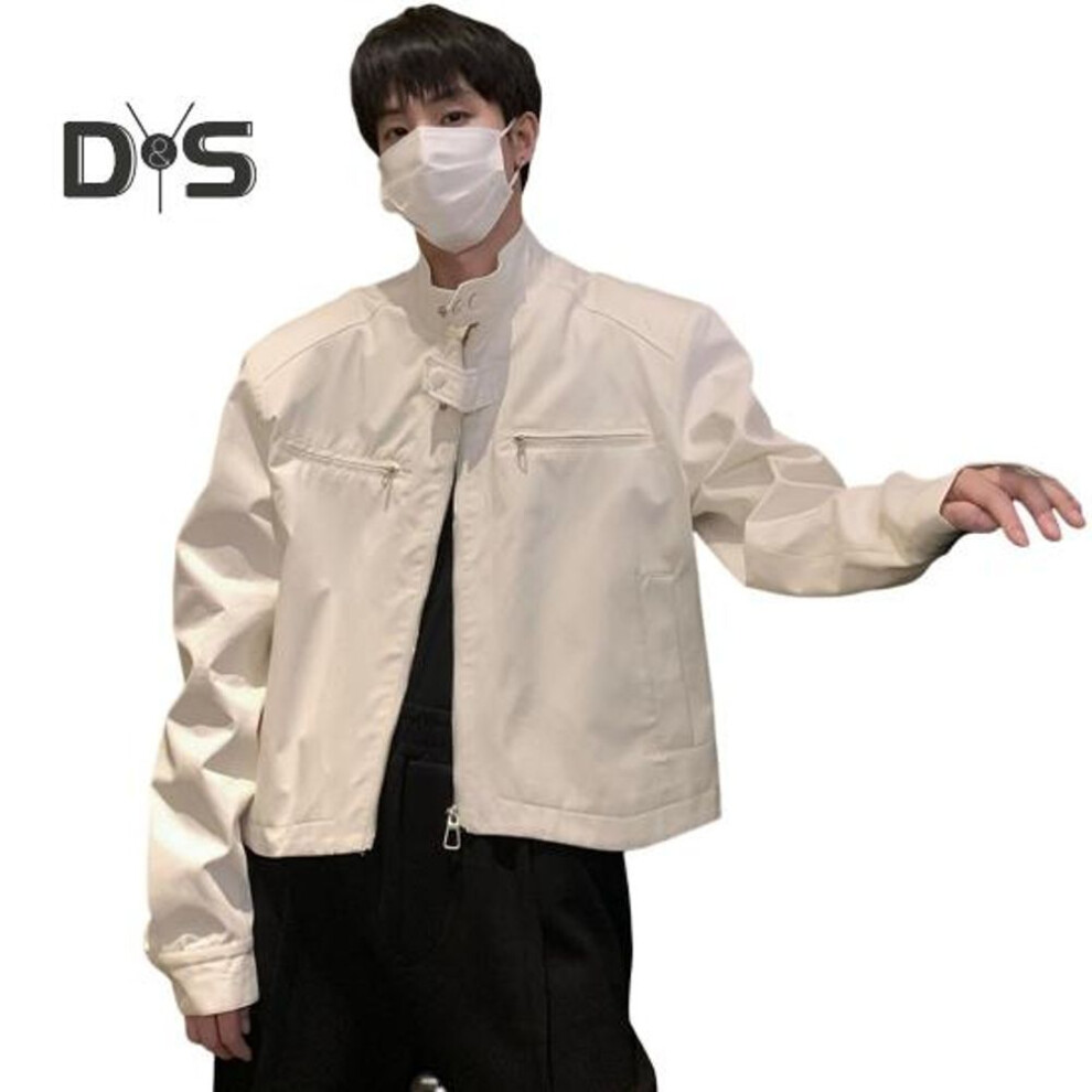 (white, XL) Men Jacket Coat Full Zipper Closure Solid Color Two Side Pockets Short Jacket Stand Collar Long Sleeve Jacket Streetwear