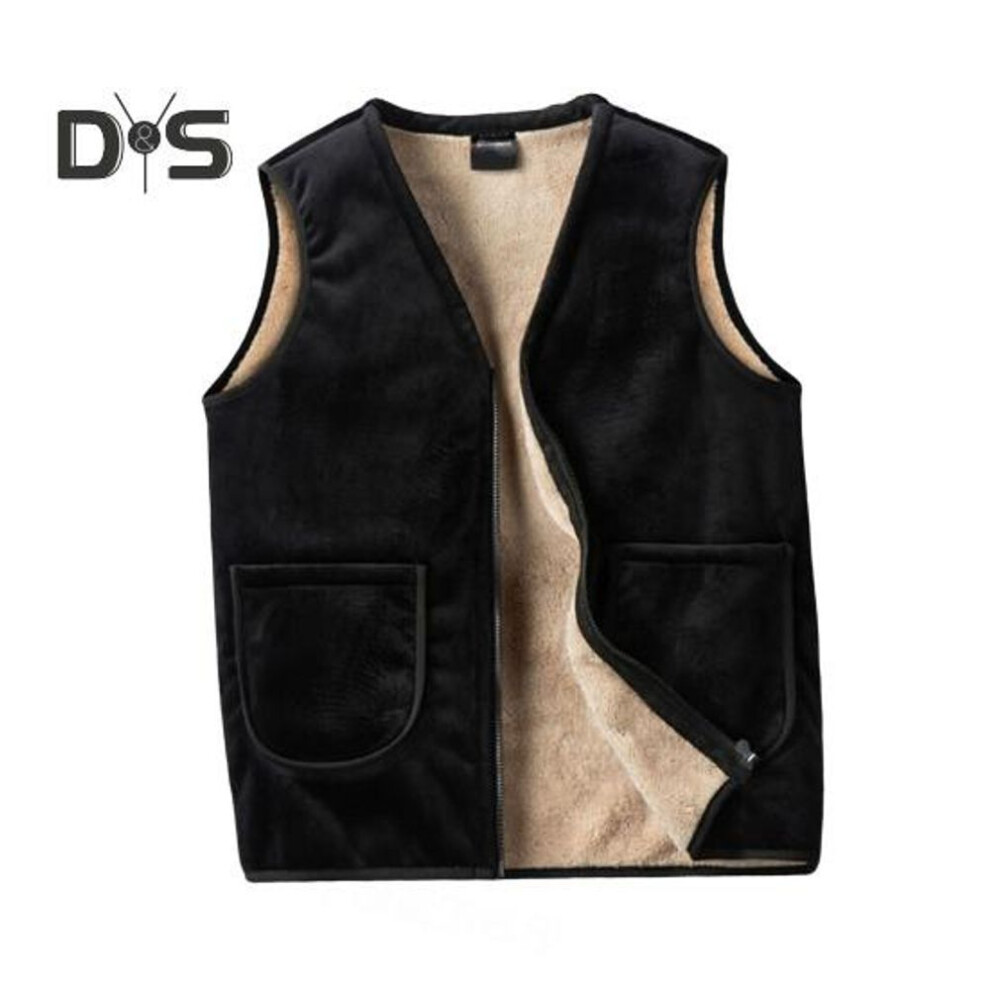 (XXL, black) Men Vest Coat V-Neck Sleeveless Solid Color Velvet Lined Vest Coat with Pockets Zipper Closure Thickened Warm Bottoming Waistcoat