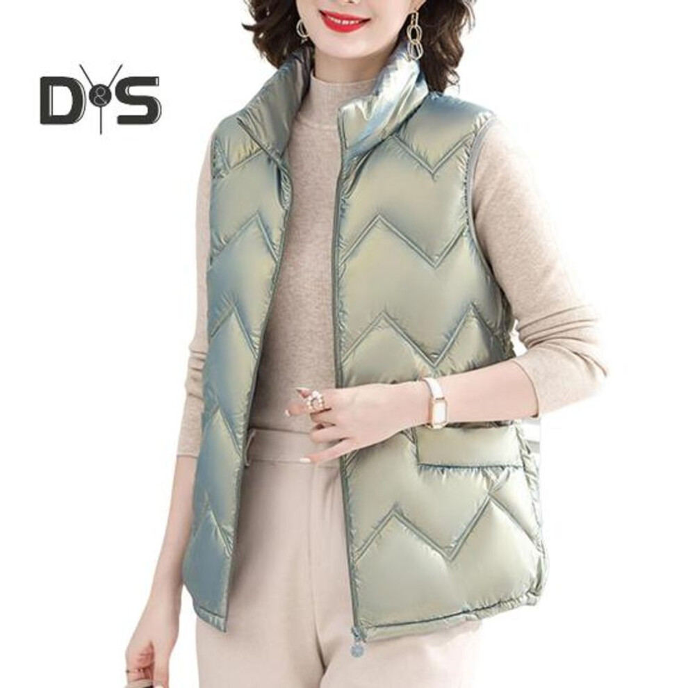 (green, XXXXL) Women Winter Vest Coat Plus Size Stand Collar Solid Color Zipper Closure Sleeveless Padded Thick Mid Length Windproof Warm Lady Waistcoat