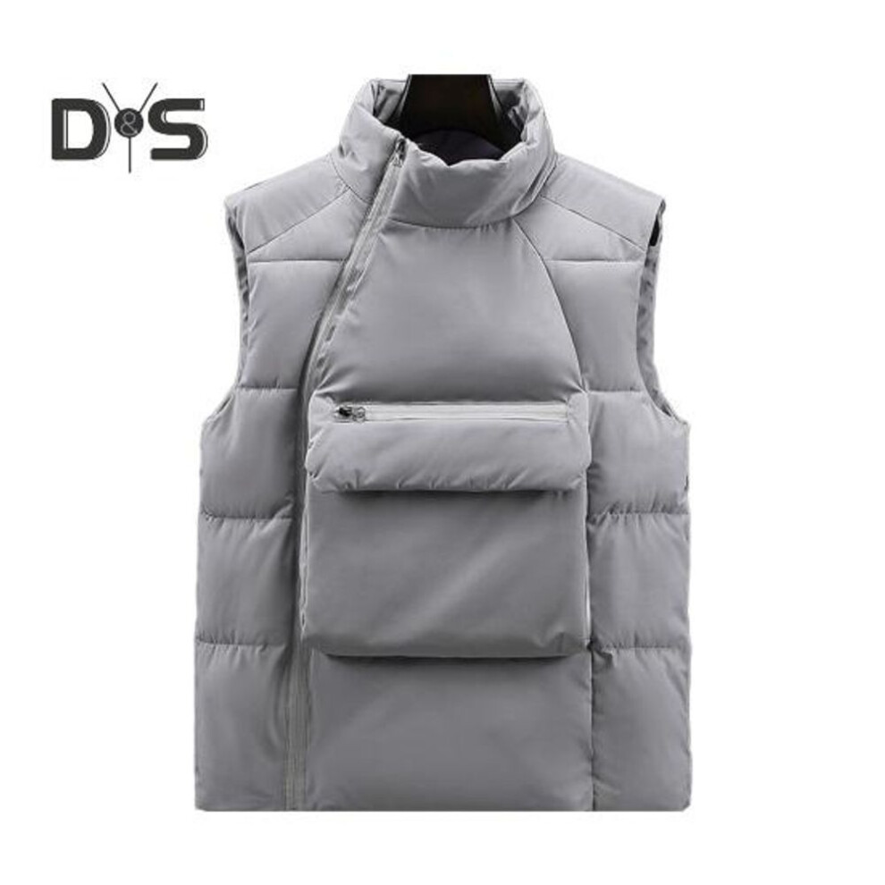 (L, grey) Men Down Waistcoat Stand Collar Sleeveless Oblique Zipper Closure Vest Coat with Front Pockets Solid Color Cotton Coat
