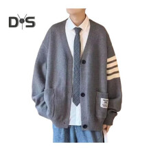 (grey, M) Fall Winter Men Cardigan V Neck Knitted Solid Color Elastic Pure Color Loose Buttons Preppy Style Single-breasted Formal Business Style Sweater Coat