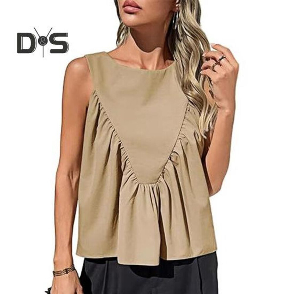 (L, khaki) Women Vest Commuter Casual Style Shirt Tops Solid Color Loose Fit Round Neck Sleeveless Pleated Tank Tops