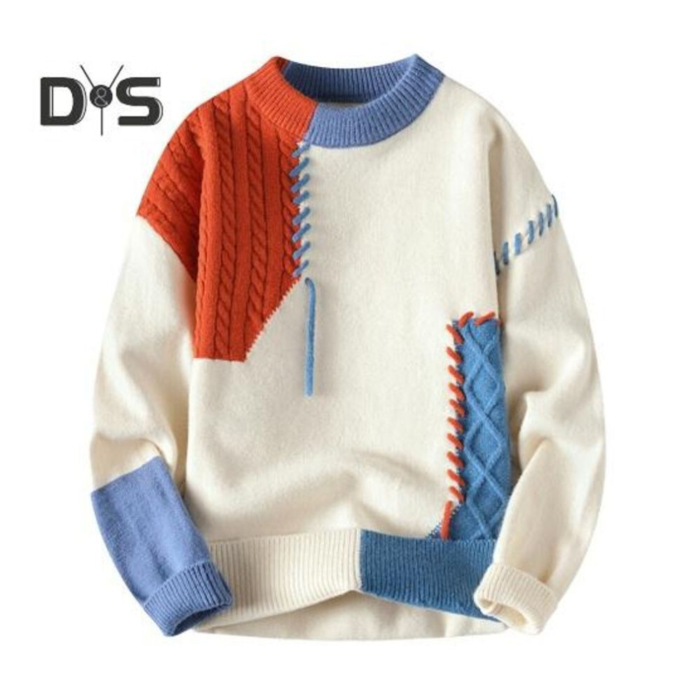 (orange, L) Autumn Winter Men Sweater Color Blocking Slicing Design Round Neck Loose Knitted Pullover Thick Warm Bottoming Sweater Casual Wear Work Dating Sweater
