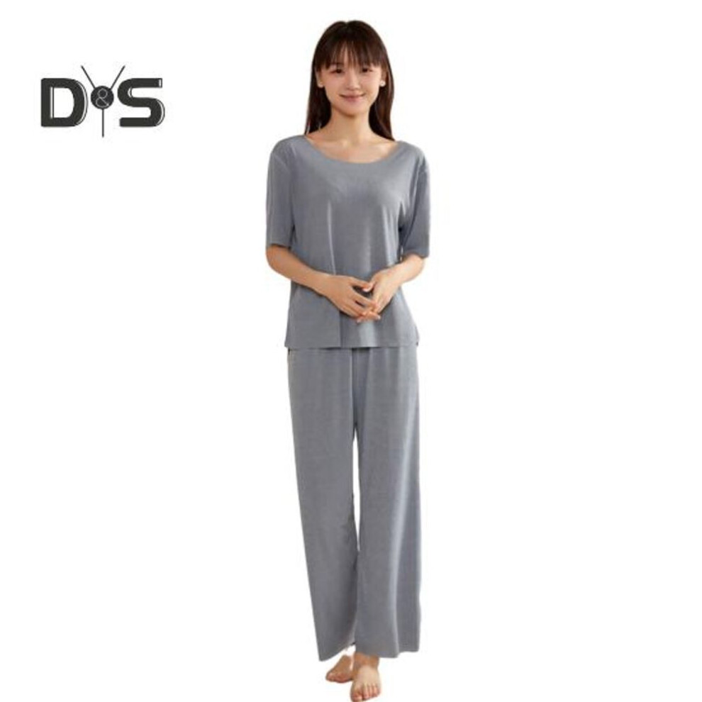 (XL, blue) Women's Ice Silk Pajamas Set Short Sleeved Top Wide Leg Pants Sleepwear Set Summer Ultra Thin Two Piece Lounge Nightwear