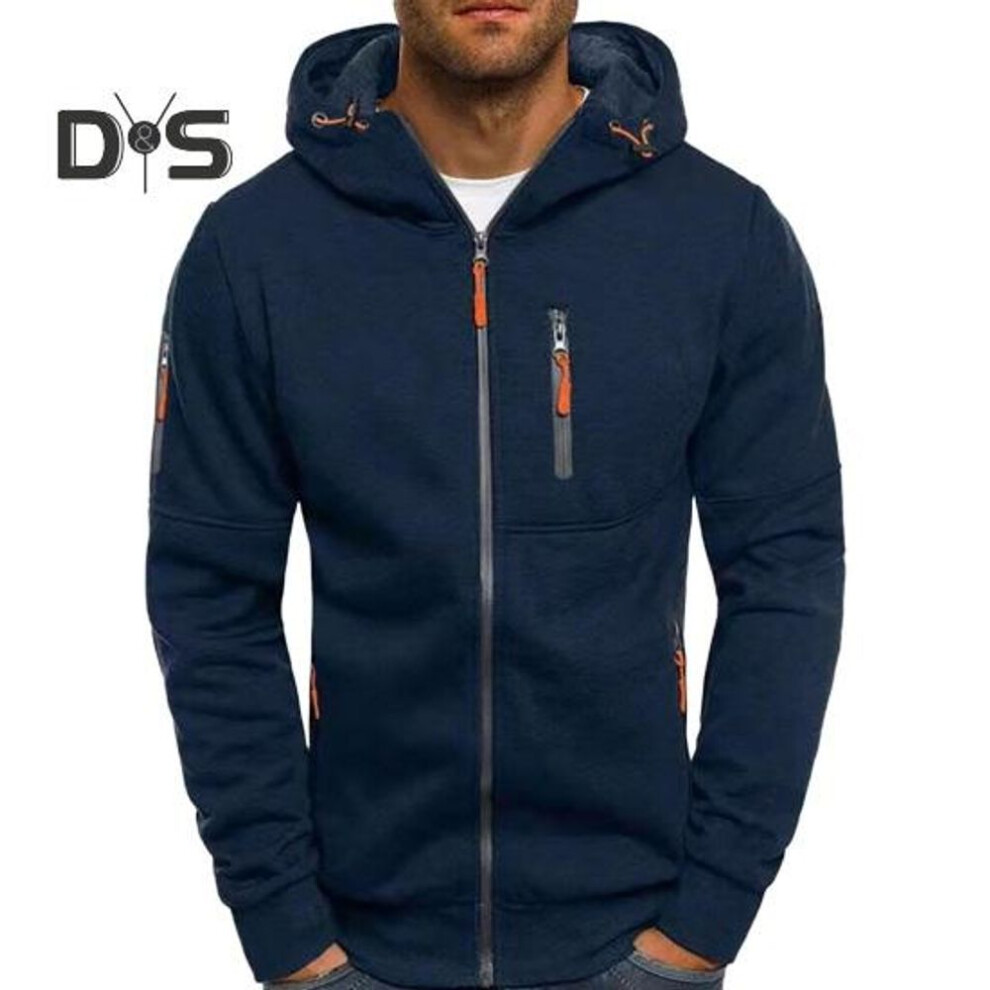 (navy blue, XXL) Men Fall Winter Hoodie Loose Zip-up Long Sleeves Zipper Pockets Hooded Cardigan Thin Pure Color Daily Wear Casual Coat