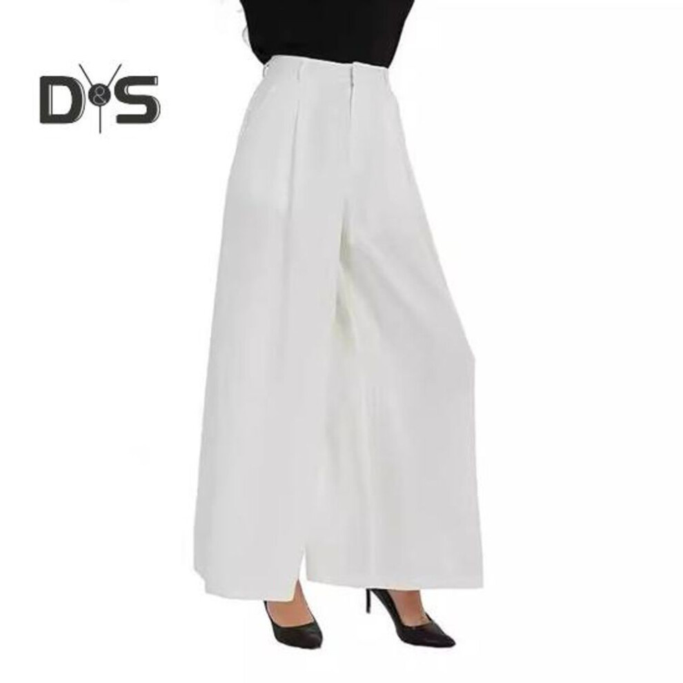 (white, M) Women Long Pants Solid Color Straight Wide Leg Trousers High Waist Button Zipper Fly Casual Pants Office Lady Pants Commuter Wear