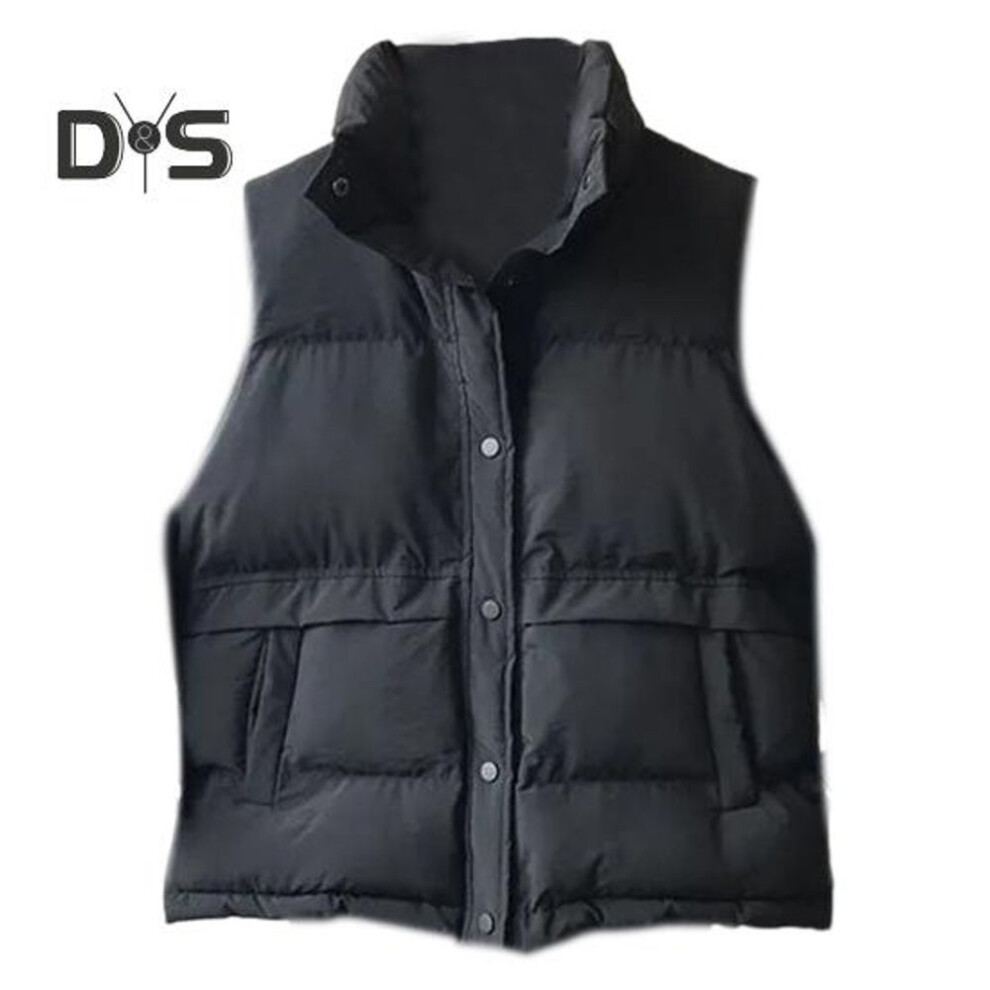(black, XXL) Women Winter Vest Coat Stand Collar Solid Color Button Closure Sleeveless Padded Thick Short Type Windproof Warm Lady Waistcoat