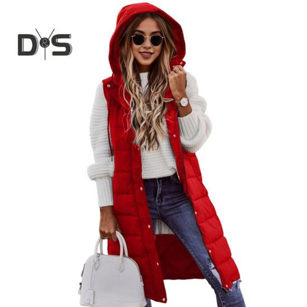 (red, XL) Women Winter Vest Coat Hooded Solid Color Zipper Closure Drawstring Sleeveless Padded Thick Mid Length Windproof Warm Lady Waistcoat