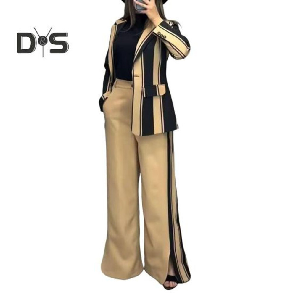 (khaki, L) 2 Pcs/set Lady Formal Coat Pants Set Long Sleeves Colorblock Striped Lapel Cardigan Mid Length Jacket Slit Flared Leg High Waist Trousers Formal