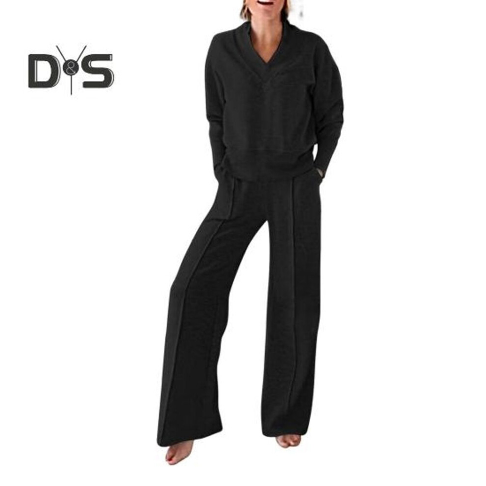 (black, XXXL) 2 Pcs/Set Women Top Pants Set V Neck Long Sleeves Loose Sweatshirt Elastic Waist Wide Leg Sweatpants Sport Outfit Autumn Casual Tracksuit