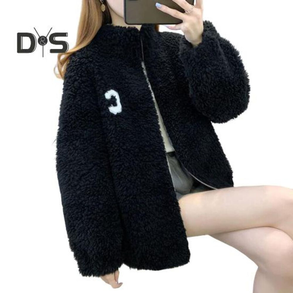 (black, 3XL) Winter Lady Coat Thickened Double-sided Faux Fleece Solid Color Stand Collar Neck Protection Letter Decor Long Sleeves Keep Warm Outdoor Travel