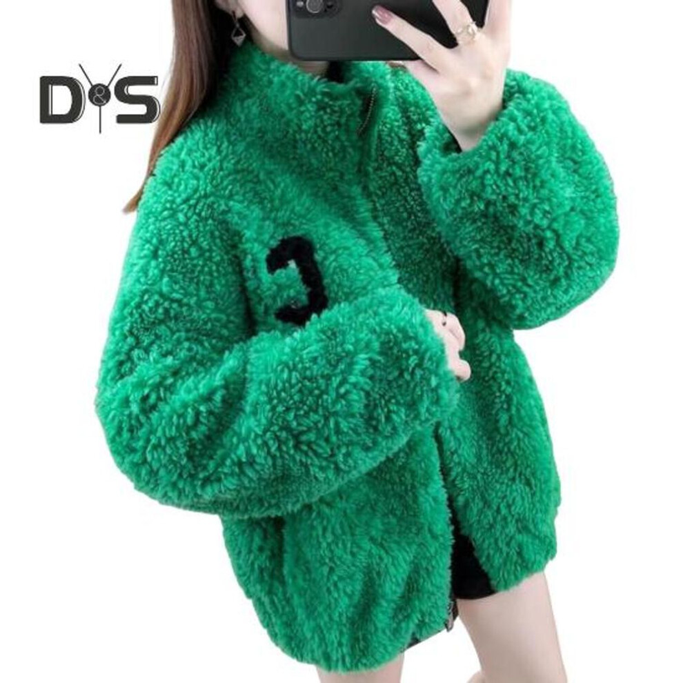 (green, L) Winter Lady Coat Thickened Double-sided Faux Fleece Solid Color Stand Collar Neck Protection Letter Decor Long Sleeves Keep Warm Outdoor Travel