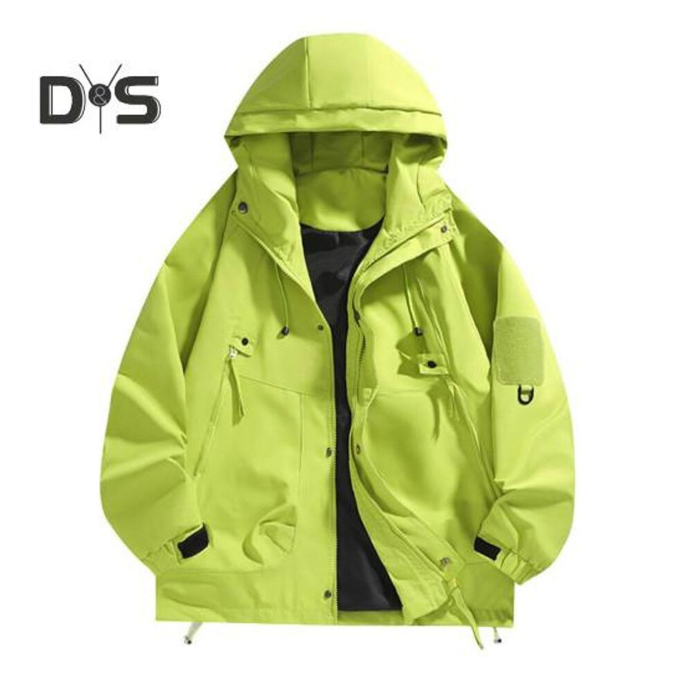 (fluorescent green, S) Autumn Outdoor Jacket Hooded Long Sleeve Multi Pockets Jacket Full Zipper Closure Solid Color Windproof Rainproof Climbing Outwear