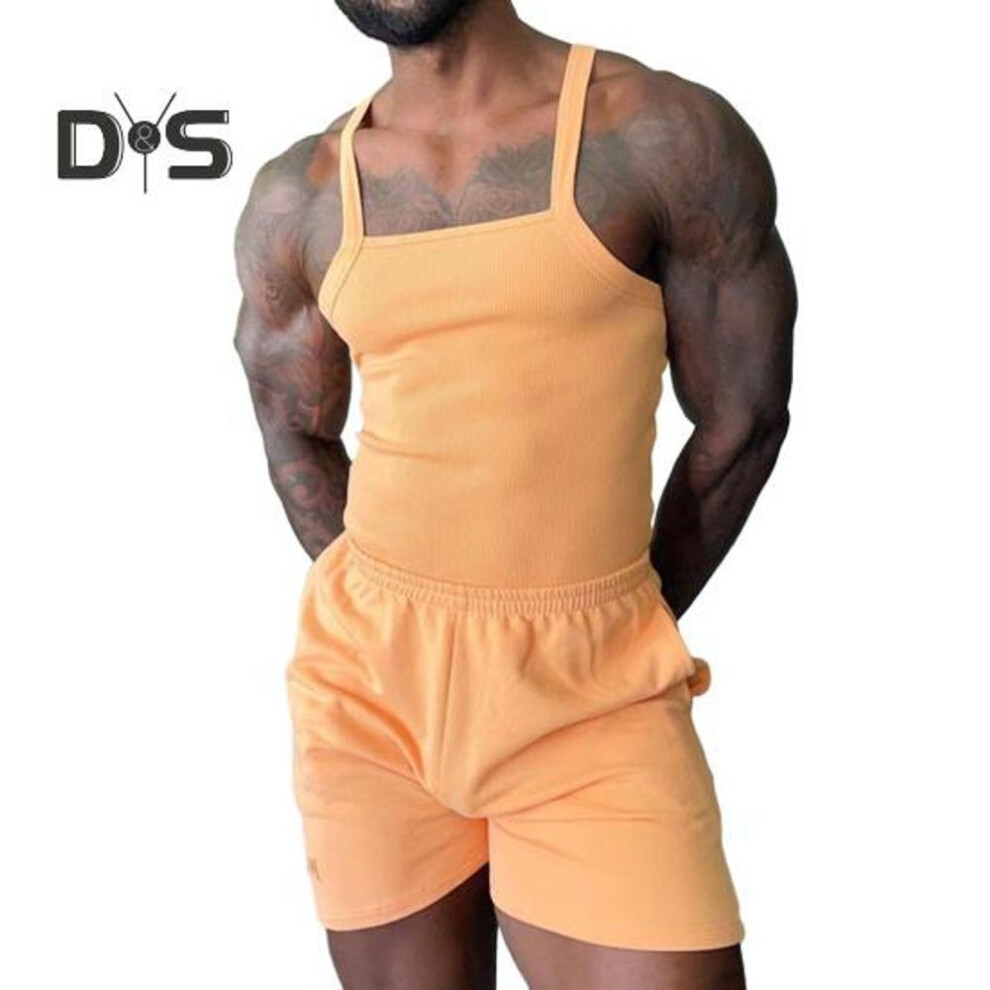 (orange, XXL) 2Pcs/Set Men Sports Suit Solid Color Sling Casual Vest Elastic Waist Mid-rise Shorts Set Regular Style Tracksuit