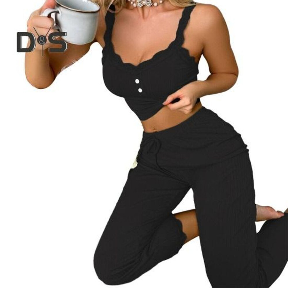 (M, black) Women's Cami 2 Piece Pajamas Set Sexy Ribbed Knit Lace Trim Sleepwear Sleeveless V Neck Crop Top Long Pants Loungewear