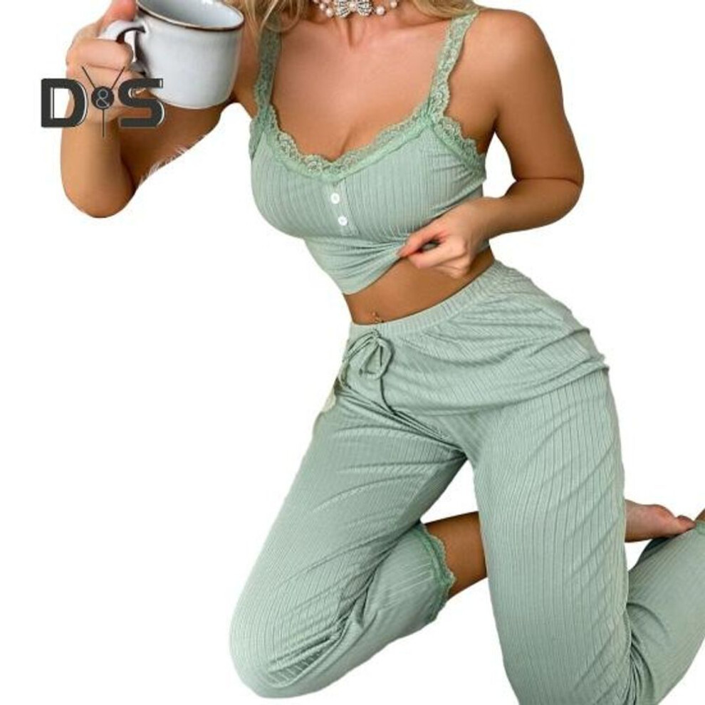 (S, green) Women's Cami 2 Piece Pajamas Set Sexy Ribbed Knit Lace Trim Sleepwear Sleeveless V Neck Crop Top Long Pants Loungewear