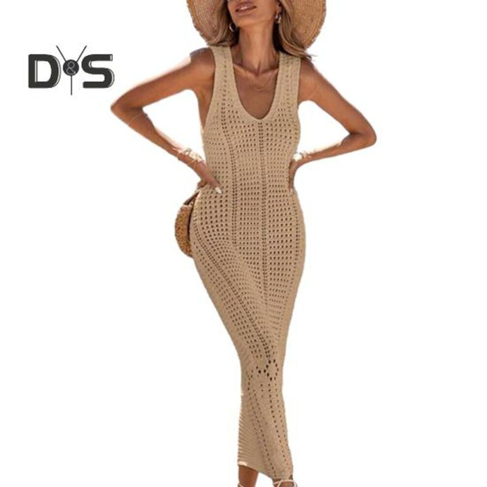 (S, khaki) Women Beach Cover Up Sundress V Neck Crochet Hollow Out Maxi Dress Knitted Adjustable Straps Sun Protection Beachwear