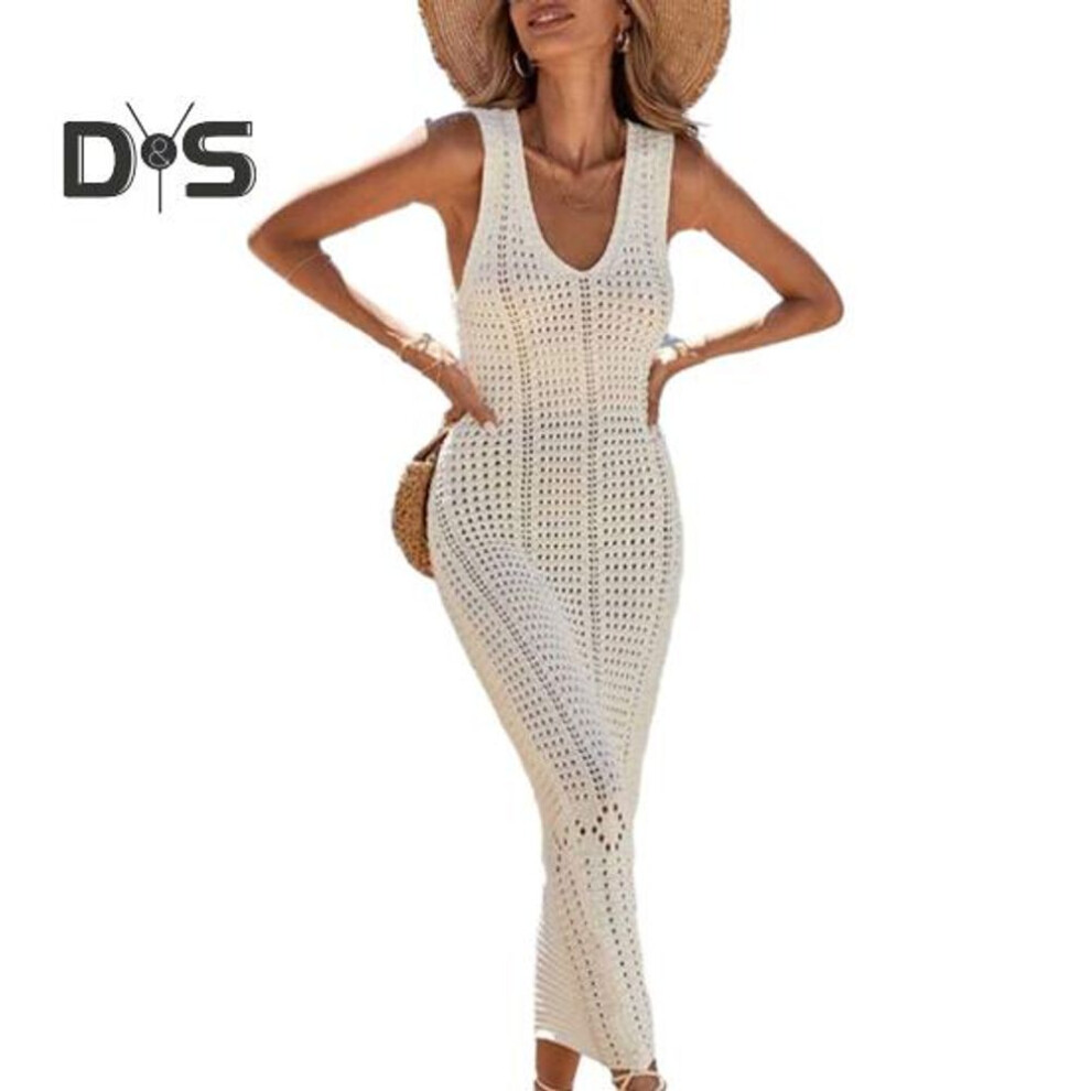 (L, apricot) Women Beach Cover Up Sundress V Neck Crochet Hollow Out Maxi Dress Knitted Adjustable Straps Sun Protection Beachwear