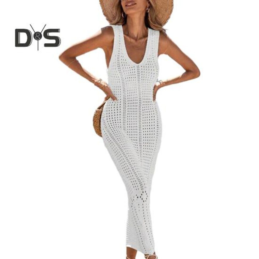 (M, white) Women Beach Cover Up Sundress V Neck Crochet Hollow Out Maxi Dress Knitted Adjustable Straps Sun Protection Beachwear