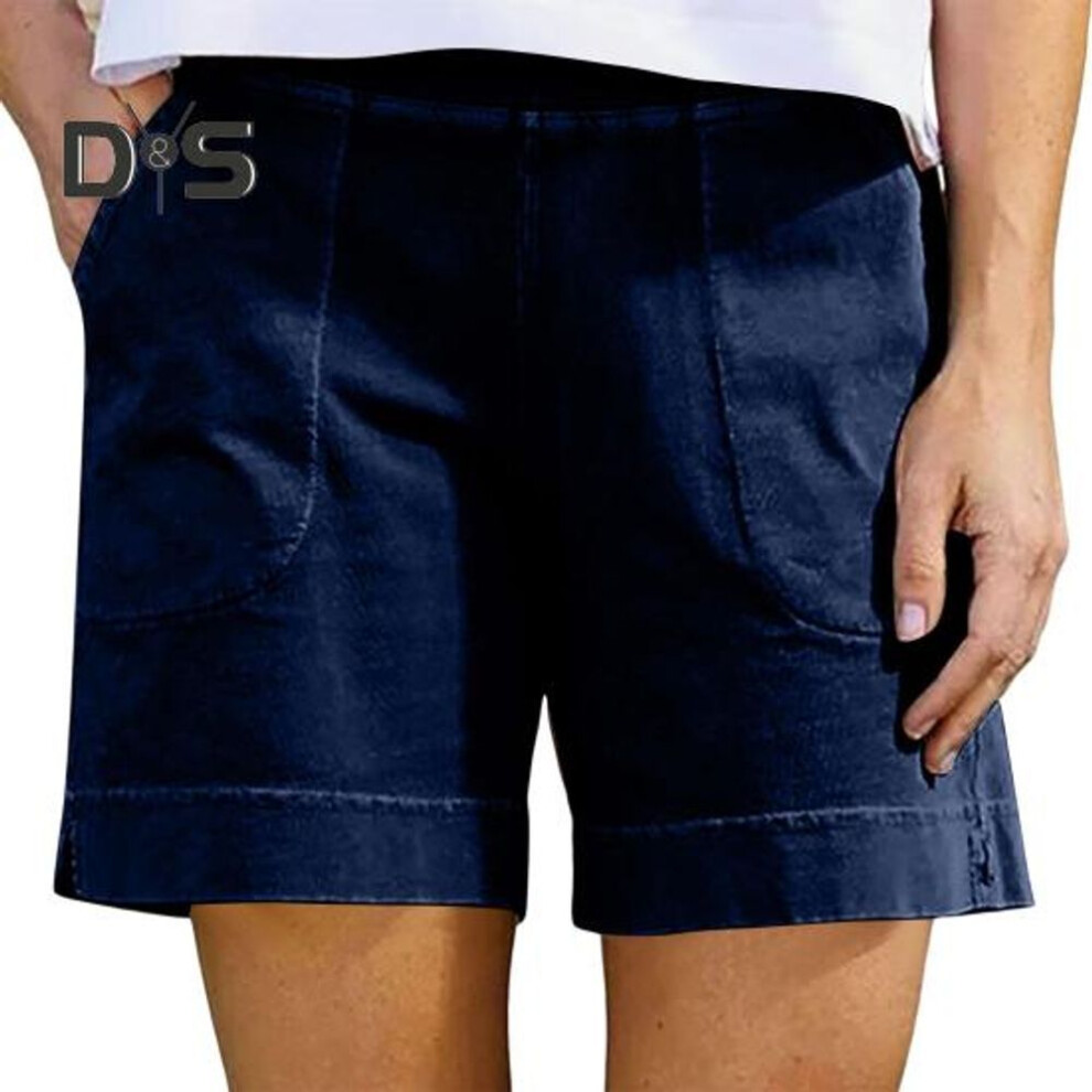 (navy blue, XXL) Women's Cotton Linen Shorts Elastic Waist Baggy Short Pants with Pockets Casual Knee-Length Summer Shorts