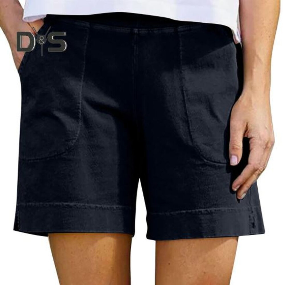 (black, XL) Women's Cotton Linen Shorts Elastic Waist Baggy Short Pants with Pockets Casual Knee-Length Summer Shorts