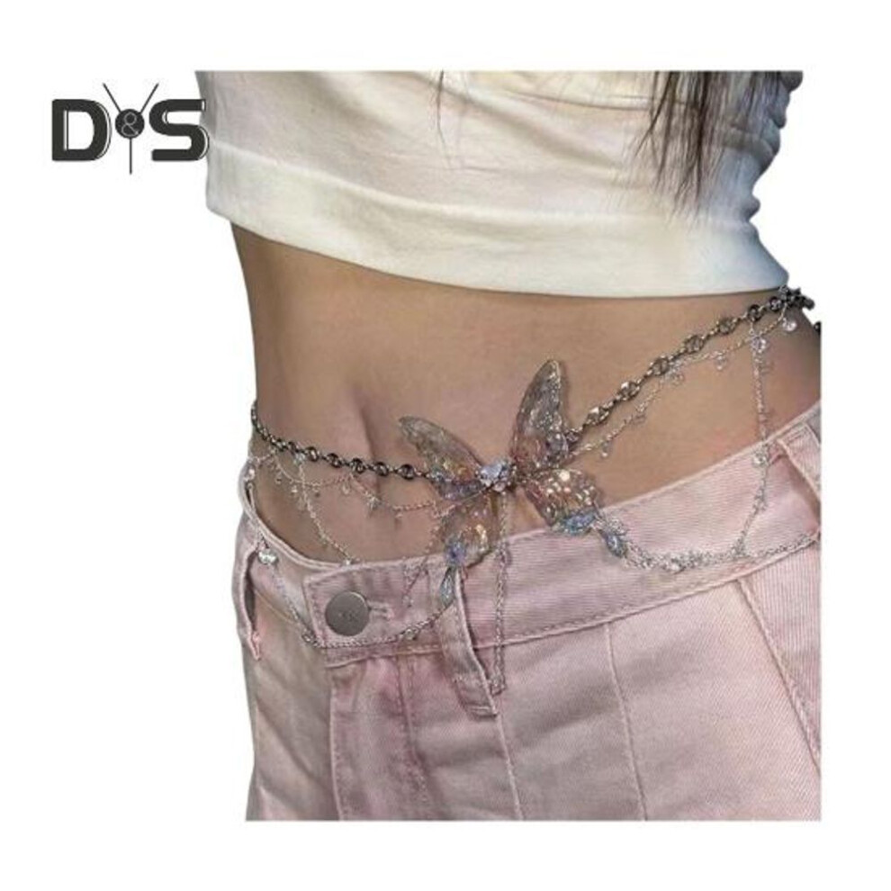(as the picture, J) Women Waist Chain with Tassel Butterfly Flower Charm Faux Pearl Belt Chain Multi-layered Beaded Belly Jewelry Dance Performance Club Party Body