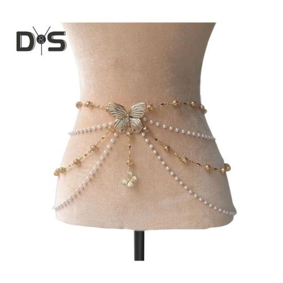 (as the picture, H) Women Waist Chain with Tassel Butterfly Flower Charm Faux Pearl Belt Chain Multi-layered Beaded Belly Jewelry Dance Performance Club Party Body
