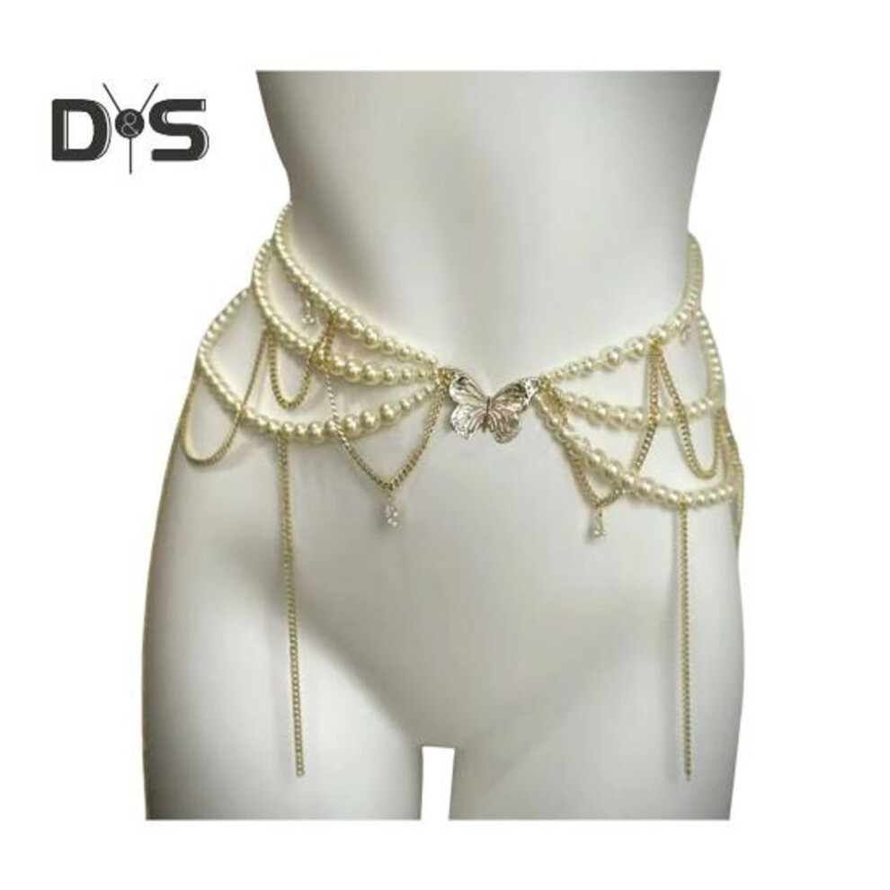 (as the picture, B) Women Waist Chain with Tassel Butterfly Flower Charm Faux Pearl Belt Chain Multi-layered Beaded Belly Jewelry Dance Performance Club Party Body